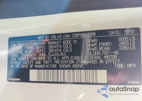 2018 Volvo Xc90 T5 Momentum из США, поврежденный, VIN YV4102CK3J1353094